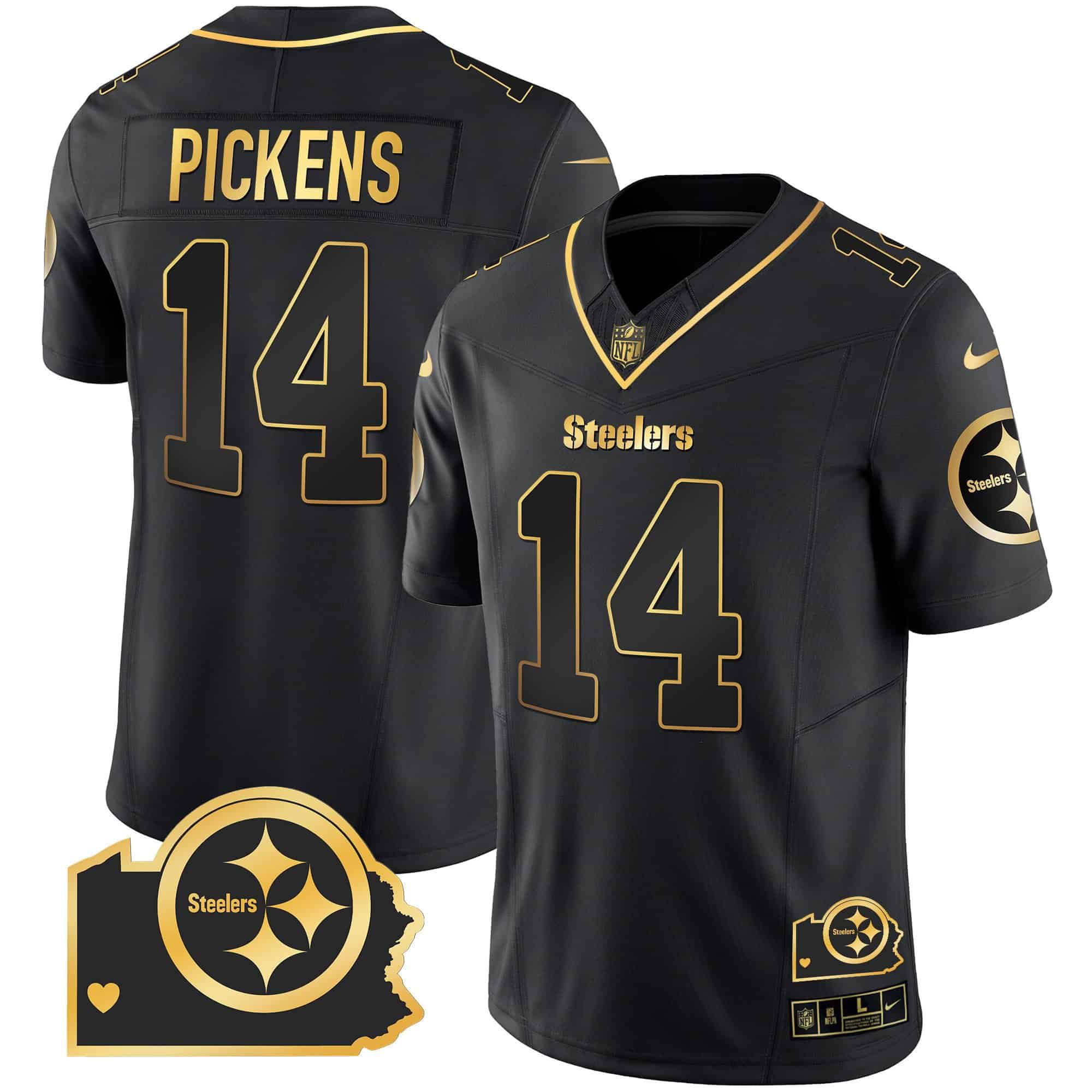 Men Pittsburgh Steelers #14 Pickens Black Gold 2024 Nike Home Patch Vapor Limited NFL Jersey style 2